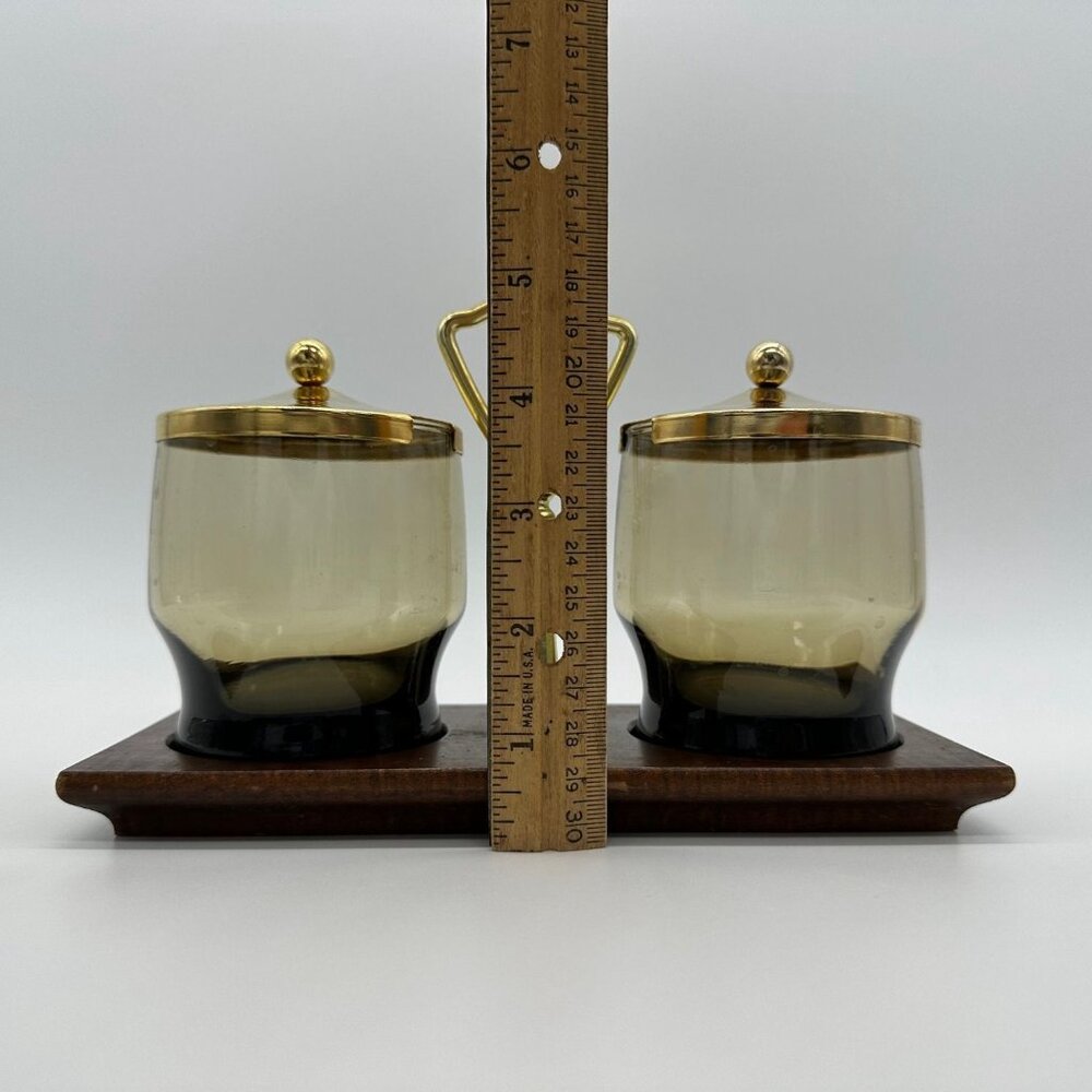 Vintage Condiment Serving Dish Wood Tray Smokey Glass Bowls Retro Gold Brown - Picture 8 of 9